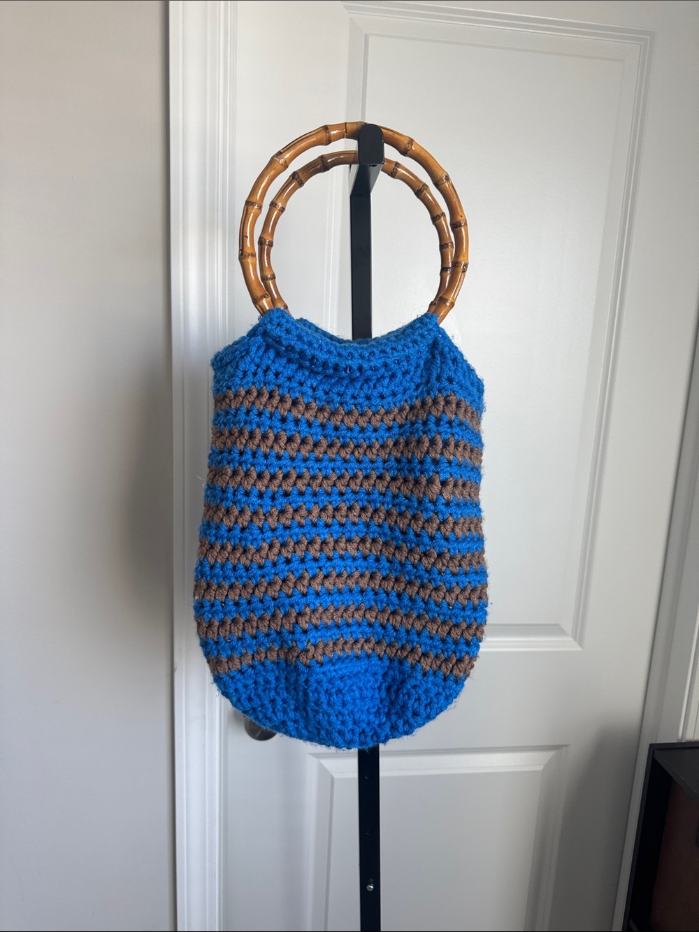 Handmade Blue and Brown Striped Crochet Tote with Bamboo Handles
